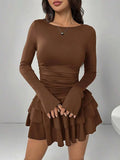 Autunno Inverno Tinta unita Slim Fit Increspature a cascata Mini abito Donna Elegante manica svasata Vita alta Abiti aderenti da festa sexy
