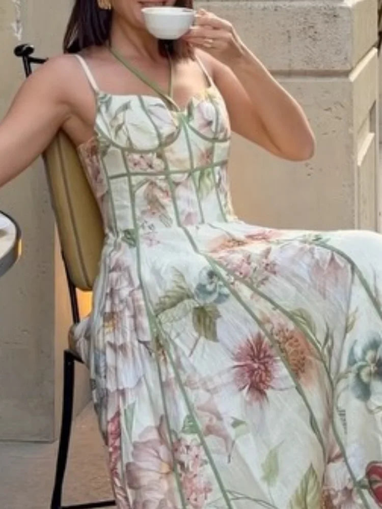 Elegante Abito Lungo da Donna Senza Maniche con Stampa Chic, Vestito Maxi a Trapezio con Cintura in Vita, Collezione Estate 2026, per Vacanze e Streetwear