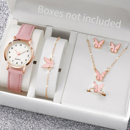 6 pezzi orologio da donna moda quadrante arabo cinturino in pelle orologi al quarzo set di gioielli a farfalla (senza scatola)