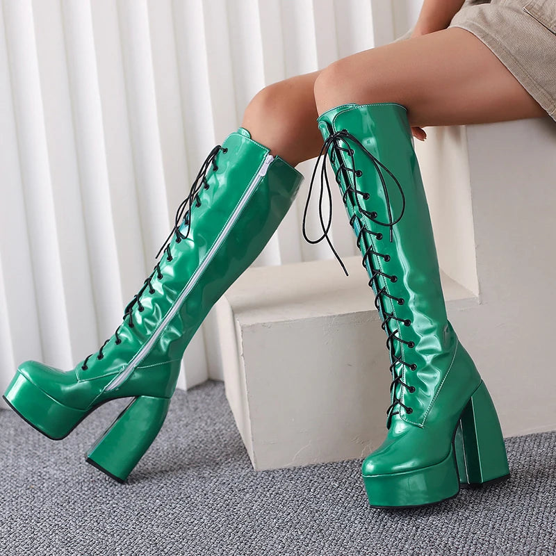 Sexy Lace Up Platform Long Boots Women Thick Gothic Heels High Knee Boot Winter Red Black Green Fetish Party Shoes Large Size 48