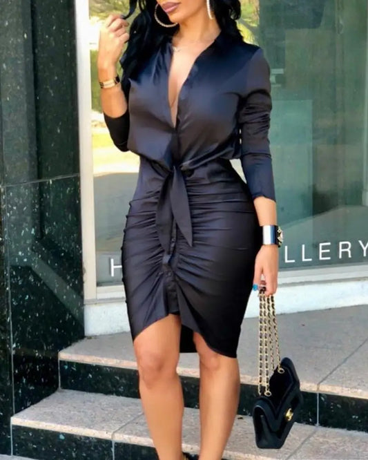 Mini abito da donna da ufficio skinny elegante a maniche lunghe per donna Abito sexy aderente con scollo a V profondo nero