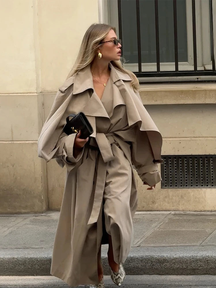 Trench lungo con lacci solido Moda donna Manica intera Risvolto monopetto Capispalla allentato Lady Autunno Cappotto Highstreet quotidiano