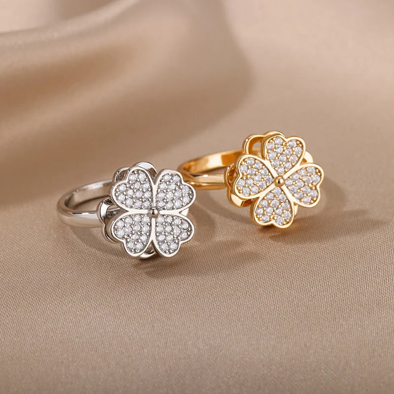 Anelli di ansia rotanti a quattro trifogli per le donne Anello nuziale regolabile in acciaio inossidabile color oro Anelli regalo di gioielli estetici