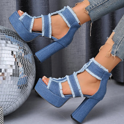 Sandales d'été pour femme Nouvelle plateforme en denim bleu Sangle de cheville Chaussures à talons hauts pour femme Sandales sexy à bout ouvert mode d'extérieur
