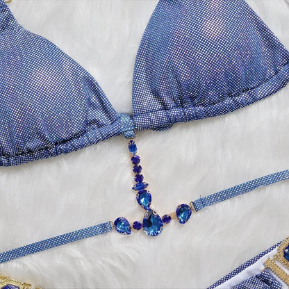 Sexy bikini swimsuit for women, two-piece, shiny with gold foil, crystal diamonds, and straps