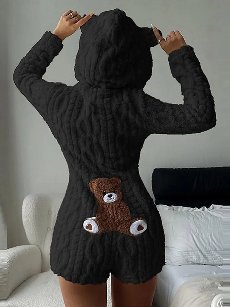 Tuta Corta Calda con Motivo Orsetto Cartoon Trendy, in Peluche e Flanella con Cappuccio, per Donna, Nuova Collezione Autunno Inverno, Outfit Comodo