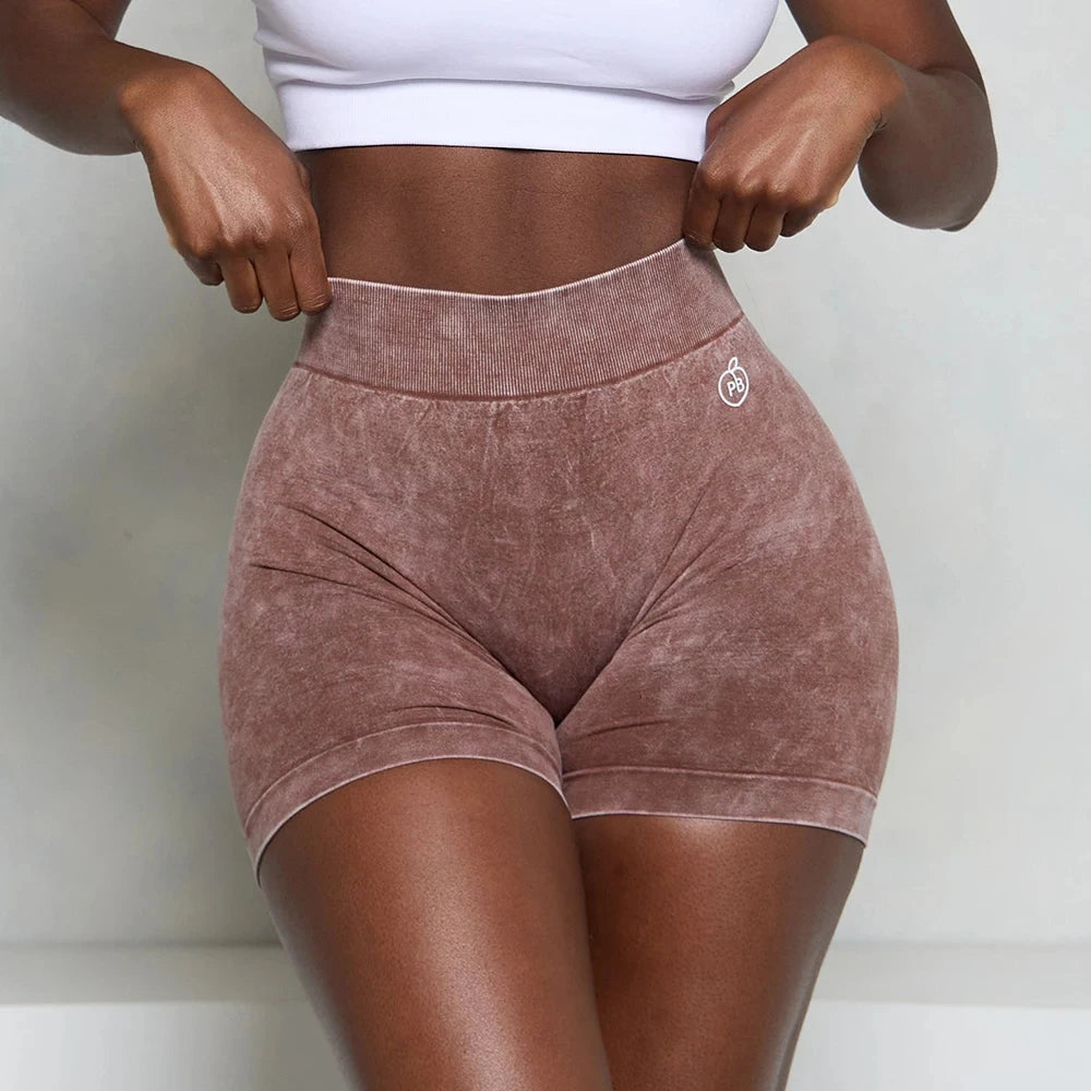 Donna Bum Acid Wash Low V-BACK Scrunch Butt Shorts Donna Pantaloncini sportivi senza cuciture Donna a forma di V Hip Gym Ciclismo Collant elastici