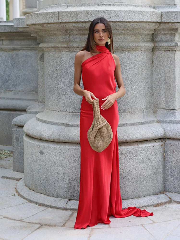 Sciarpa a nastro Halter Abito da donna Spalla inclinata Raso di seta Slim Fit Streamer Grandi abiti sexy senza schienale Abiti lunghi da donna Estate