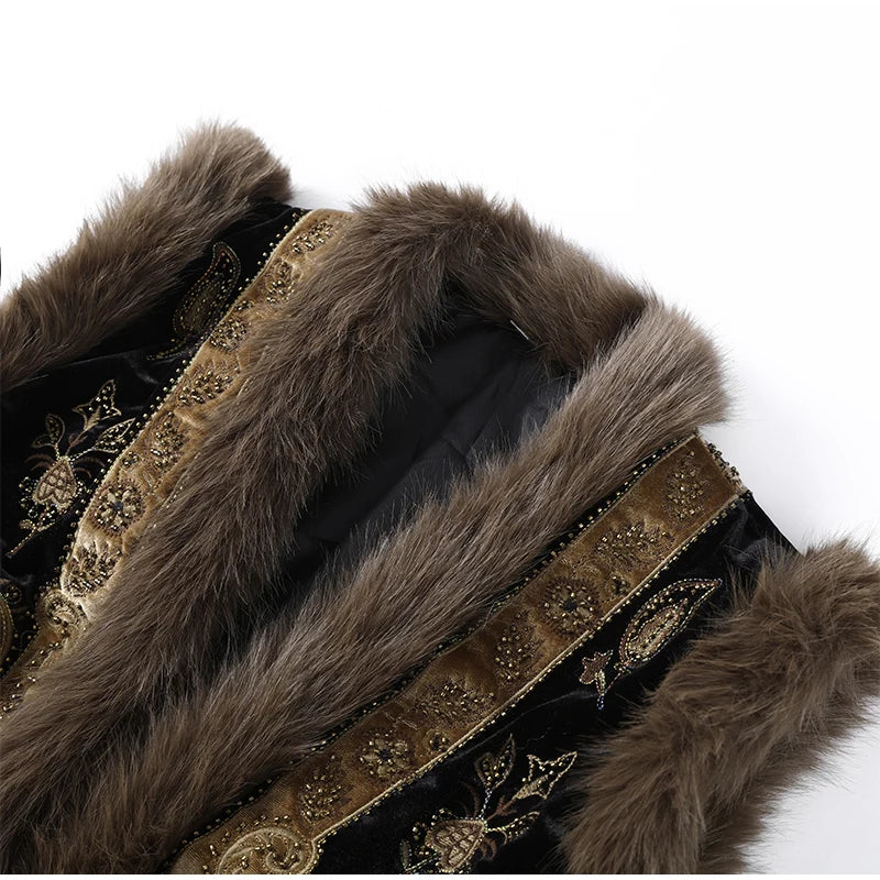 Gilet senza maniche modello Paisley vintage da donna con finiture in pelliccia di procione Gilet moda Capispalla 2025 Autunno Inverno Streetwear