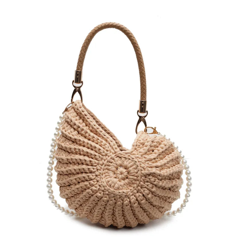 Borse a tracolla da donna all'uncinetto a forma di conchiglia creativa Divertenti catene di perle carine Borsa a tracolla in tessuto fatto a mano Novità piccole borse