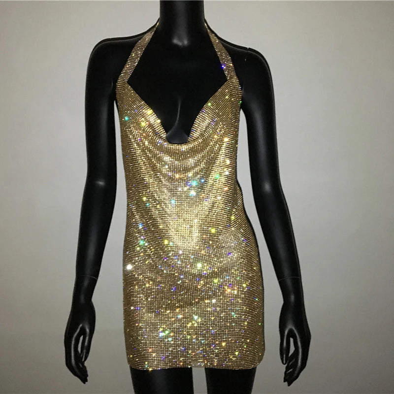 Mini abito sexy con scollo a V senza schienale per le donne Abiti da sera da club per feste con strass lucidi con scollo all'americana e spacco laterale