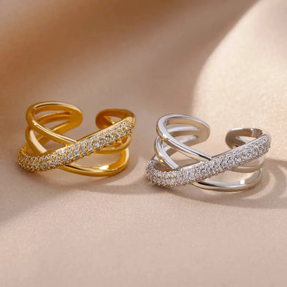 Anelli a forma doppia incrociata con zirconi per donna Anello croce in acciaio inossidabile placcato oro Anelli per coppie di nozze di lusso Gioielli estetici