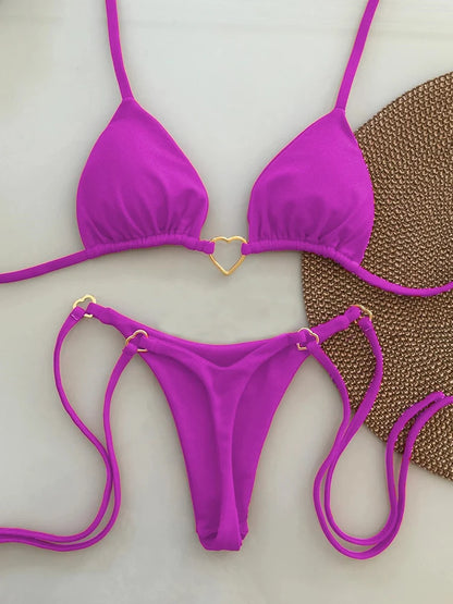 Sexy Low-Waist Bikini Set for Women Summer Solid Color Tie-Front Swimsuit with Padded Top for Beach Vacation