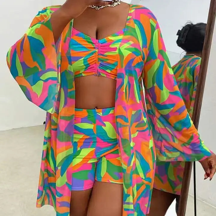 L-4XL Plus Size Set da 3 pezzi Bikini Cover Up Costume da bagno push up da donna Estate Mujer Costumi da bagno con controllo della pancia Set bikini oversize