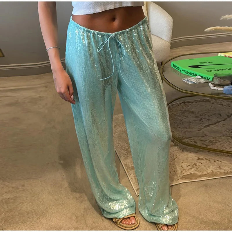 Pantaloni da donna con paillettes, vita bassa elastica, gamba larga, con lacci, estivi 2026, lucidi, vestibilità ampia, per club e feste