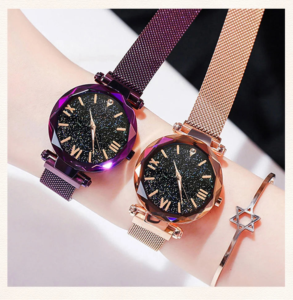 Orologi da donna con cielo stellato alla moda, fibbia magnetica, cintura in rete, orologio al quarzo con diamanti, orologio da donna