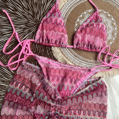 Costume da bagno estivo da donna nuovo, bikini lavorato a maglia in 3 pezzi con costumi da bagno con copertura avvolgente e scollo all'americana per le vacanze al mare