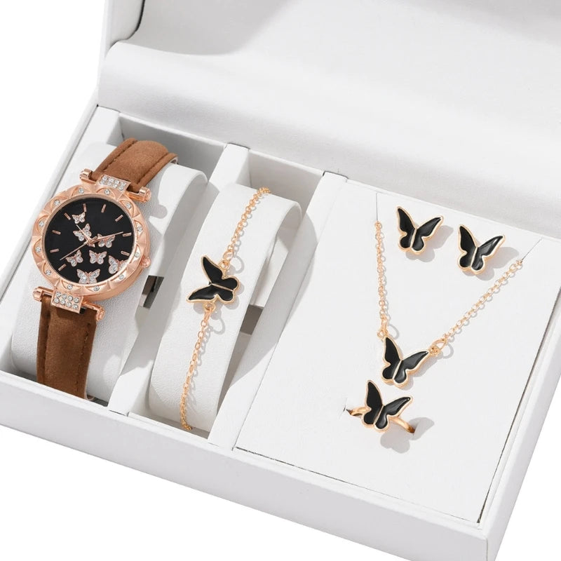 Set di gioielli a farfalla (senza scatola) orologi da donna anelli per orologi in pelle da donna collana orecchini bracciale regalo di nozze