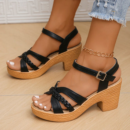 Sandales d'été à talons hauts pour femmes 2025 Sandales d'été à plateforme avec boucle à la cheville pour femmes Sandales gladiateur à talon carré en cuir PU pour femmes