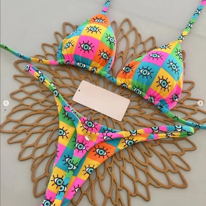 Summer Print Sexy Bikini Sets Halter Lace-up Tops Thongs Beach Style Bathing Suit Y2k Swimsuits Women Beachwear Fashion New