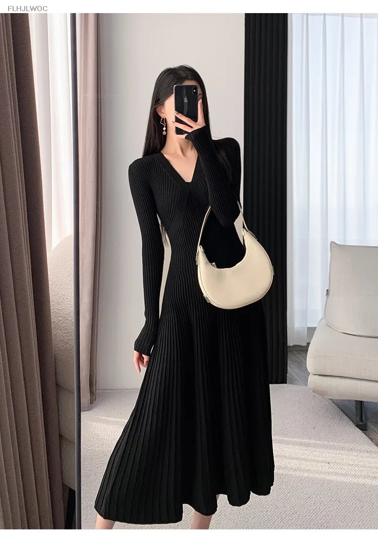 Inverno primavera abbigliamento di base donna capodanno rosso stile francese Design Slim Fit una linea scollo A V maglione lavorato A maglia abito lungo Maxi abiti