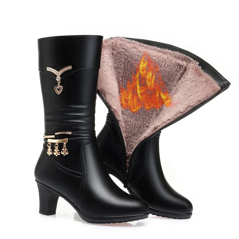 Women Comfortable Fleece Medium Boots Autumn Winter New Style Thick Heel Side Zipper Pointed Fashion High Heels Boots