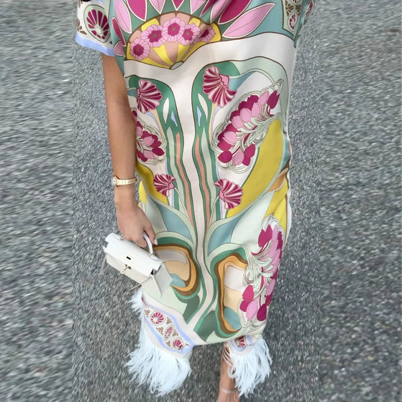 Abito Lungo da Donna con Stampa, Scollo a V, Maniche a Campana, Bordo a Foglia di Loto, Vita Alta, Vestito Maxi Aderente, Elegante Abito da Sera per Feste