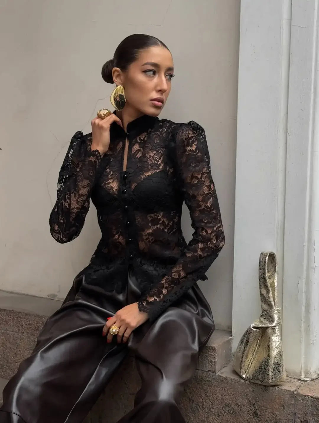 Elegante pizzo vedere attraverso camicia cinese donna sexy manica intera monopetto slim camicetta corta 2026 Lady Daily Street Shirts