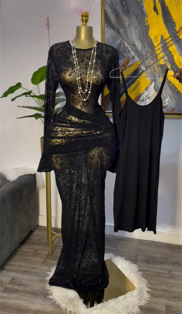 CM.YAYA Abito lungo aderente da donna a maniche lunghe in rete increspata trasparente con fodera 2025 Abiti da festa sexy per compleanno da sera autunnale