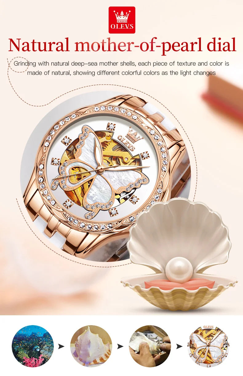 OLEVS 6622 Orologio da donna con quadrante a farfalla Orologio meccanico impermeabile di lusso per donna Orologio da polso automatico con cinturino in ceramica cava