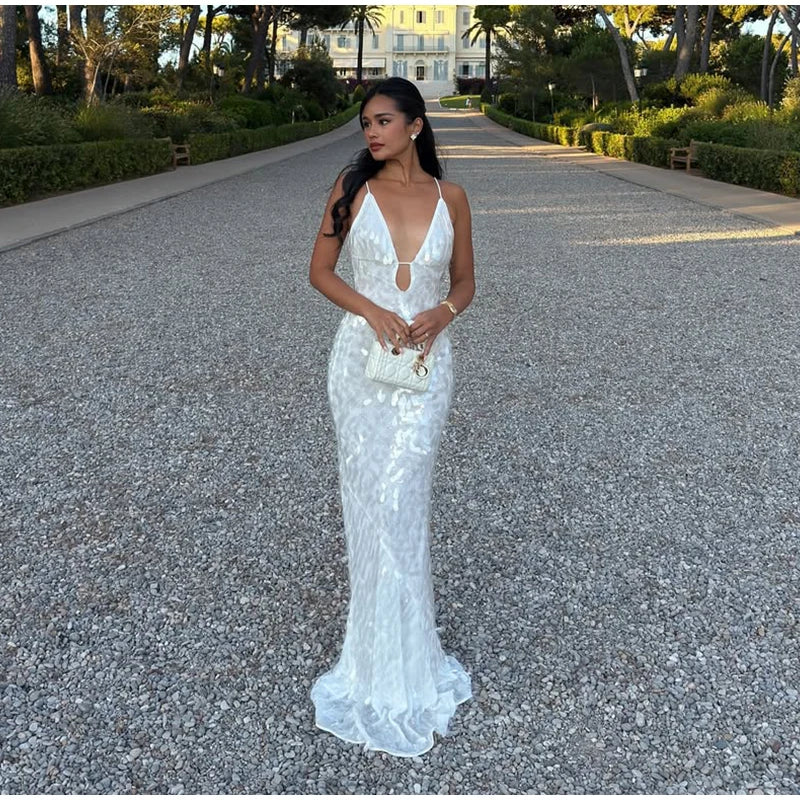 Abito lungo da donna con paillettes Abito lungo con scollo a V Solido Backless Vita alta Abiti senza maniche 2025 Moda Nuova estate Lady Party Robes