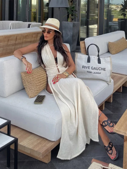 Copricostume Sexy 2026 con Scollo a V e Schiena Aperta, Vestito Lungo da Spiaggia per Donna con Cintura Intrecciata, Tunica Lunga con Spacco, Abito Vintage da Festa A2922