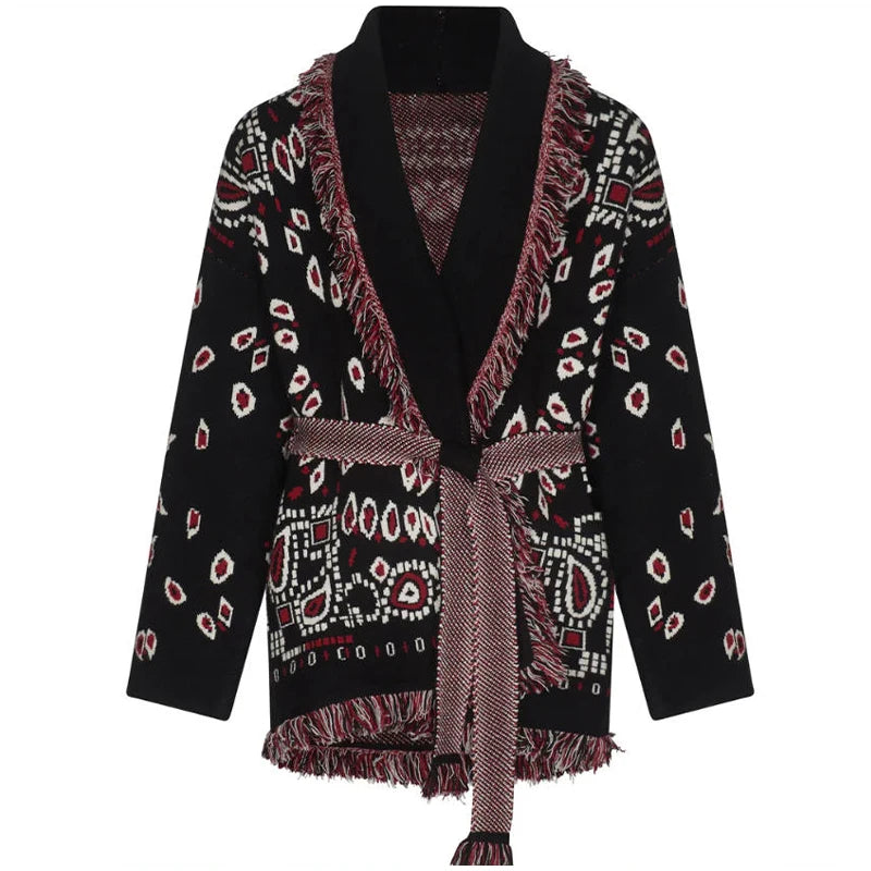 Cardigan da donna in maglia con stampa zebrata e frange, modello ampio con scollo a V, maniche lunghe, cintura, maglione caldo e spesso, collezione autunno 2026.