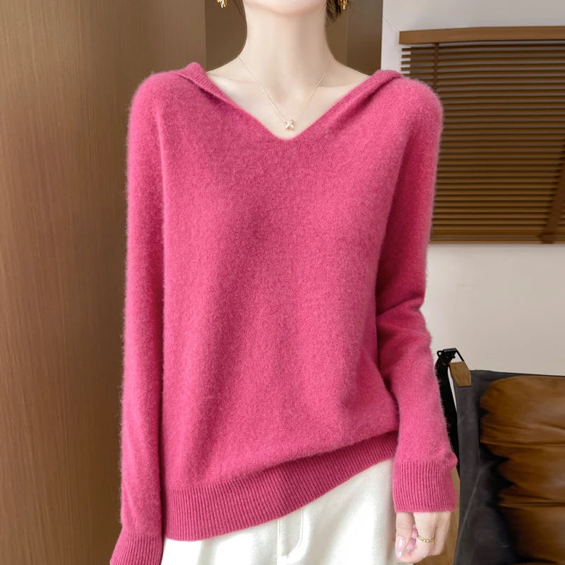 Abbigliamento donna autunno inverno colletto con cappuccio pullover maglione di lana merino 100% nuova moda top in cashmere che tocca il fondo maglieria morbida