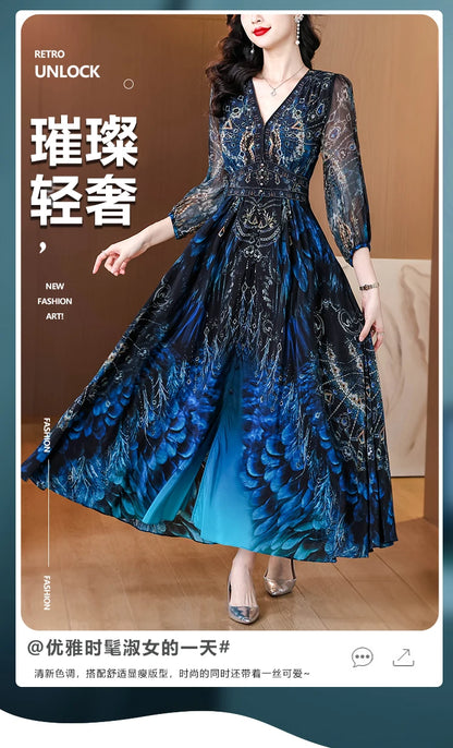 Vacanza primaverile Boho Beach Hepburn Maxi Abiti 2025 Stampa vintage da donna Elegante abito da sera estivo in seta di lusso
