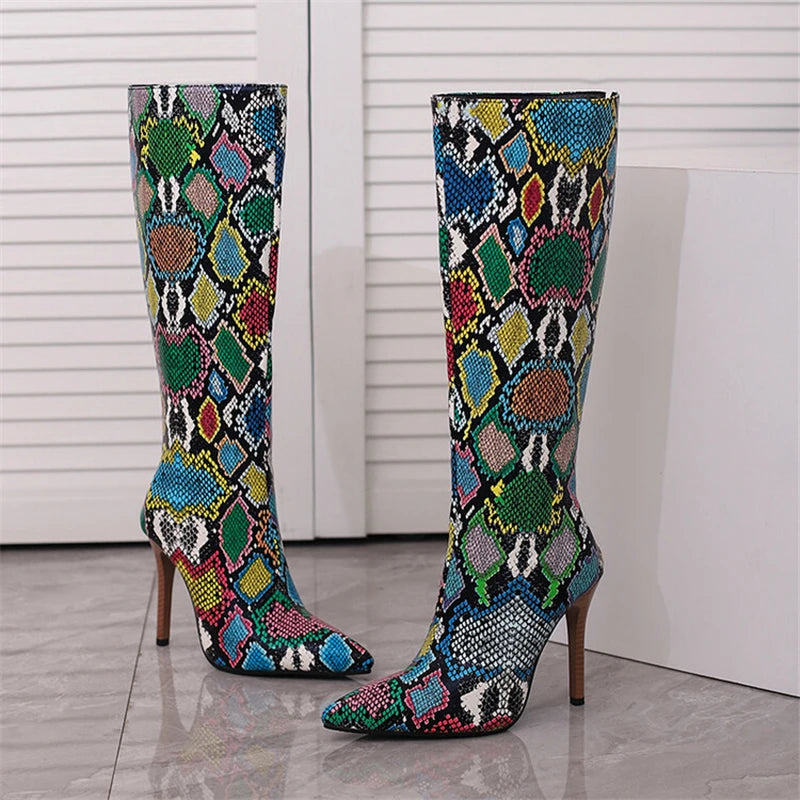 2025 White Snake Print Leather Knee High Boots Thin Heel Zipper Sexy Party Shoe Pointy Toe Thigh High Woman Long Boot Size 34-43