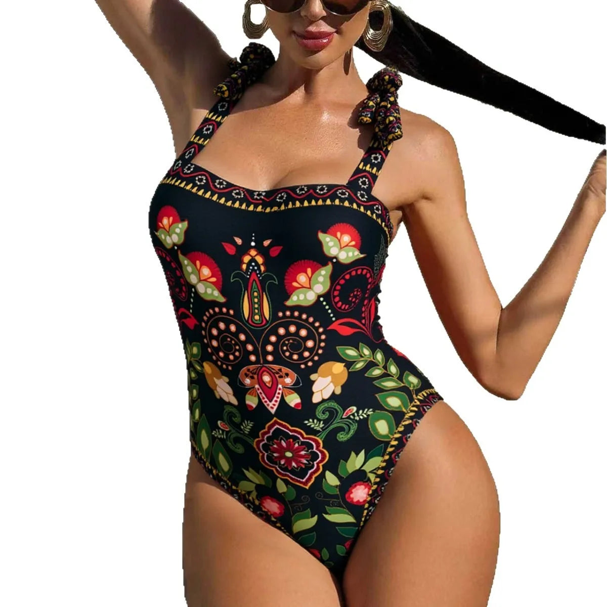 Sexy Retro Print One-Piece Swimsuit Women's Two-Piece Set with Skirt Cross-Border Swimsuit Polyester Fabric with Chest Pad