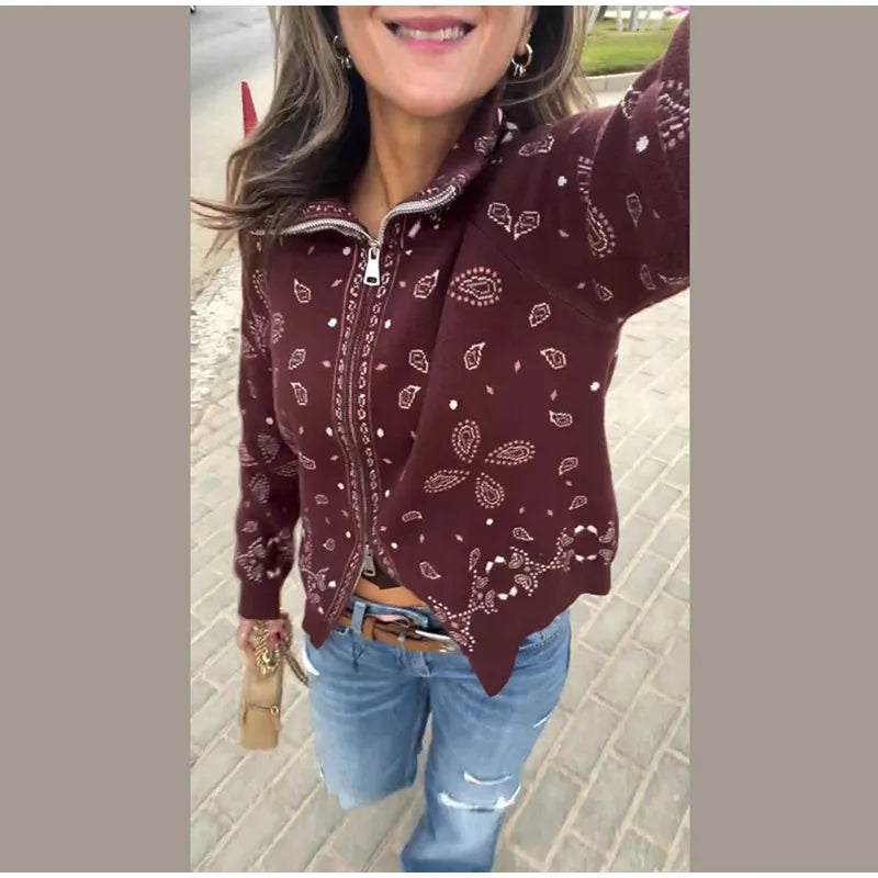 Cardigan da Donna Vintage con Motivo Paisley Jacquard, Collo Alto, Chiusura a Zip, Maglione Lavorato a Maglia, Nuovo Abbigliamento Casual Elegante per l'Inverno 2026