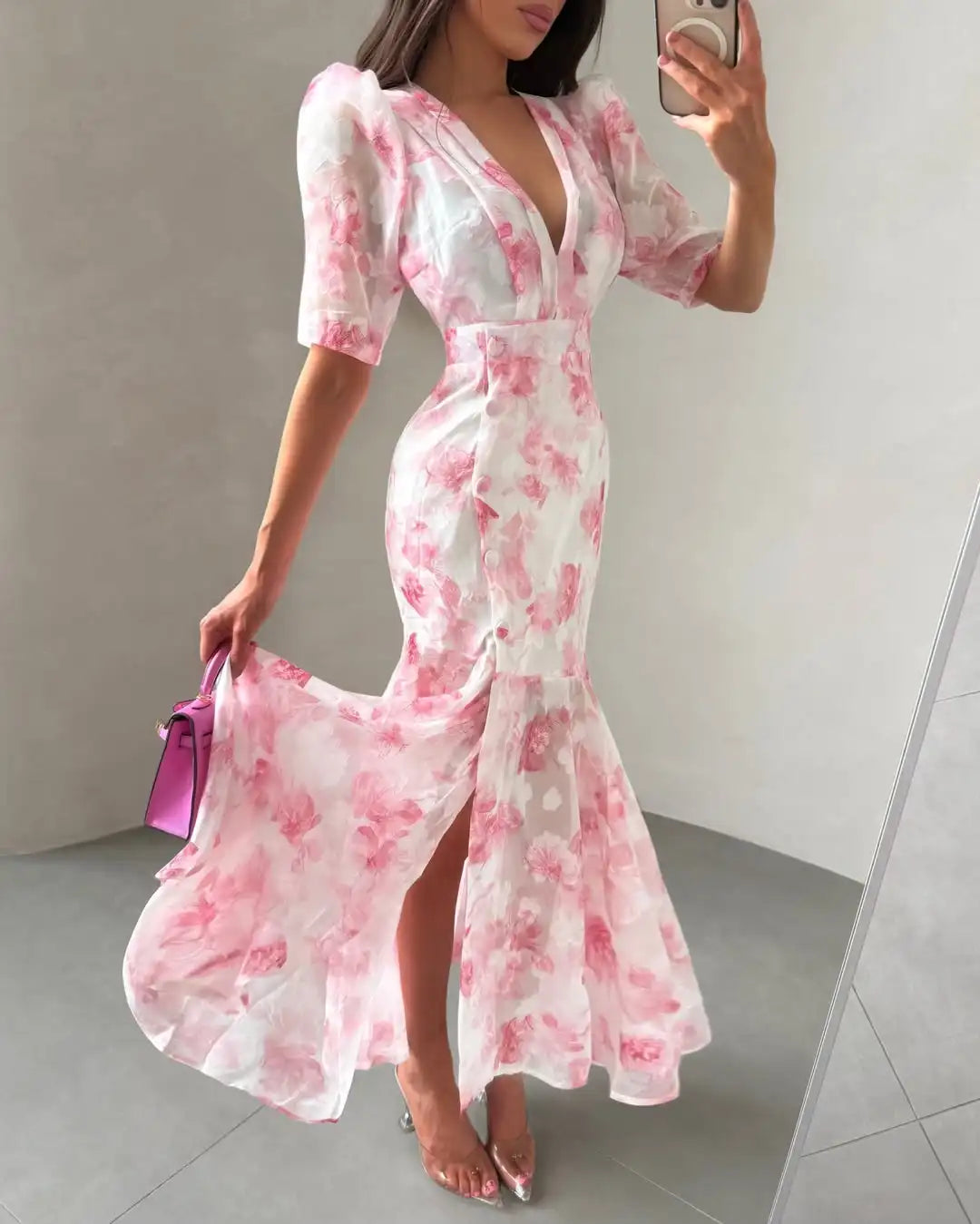 Abito Lungo da Donna con Stampa, Scollo a V, Maniche a Campana, Bordo a Foglia di Loto, Vita Alta, Vestito Maxi Aderente, Elegante Abito da Sera per Feste
