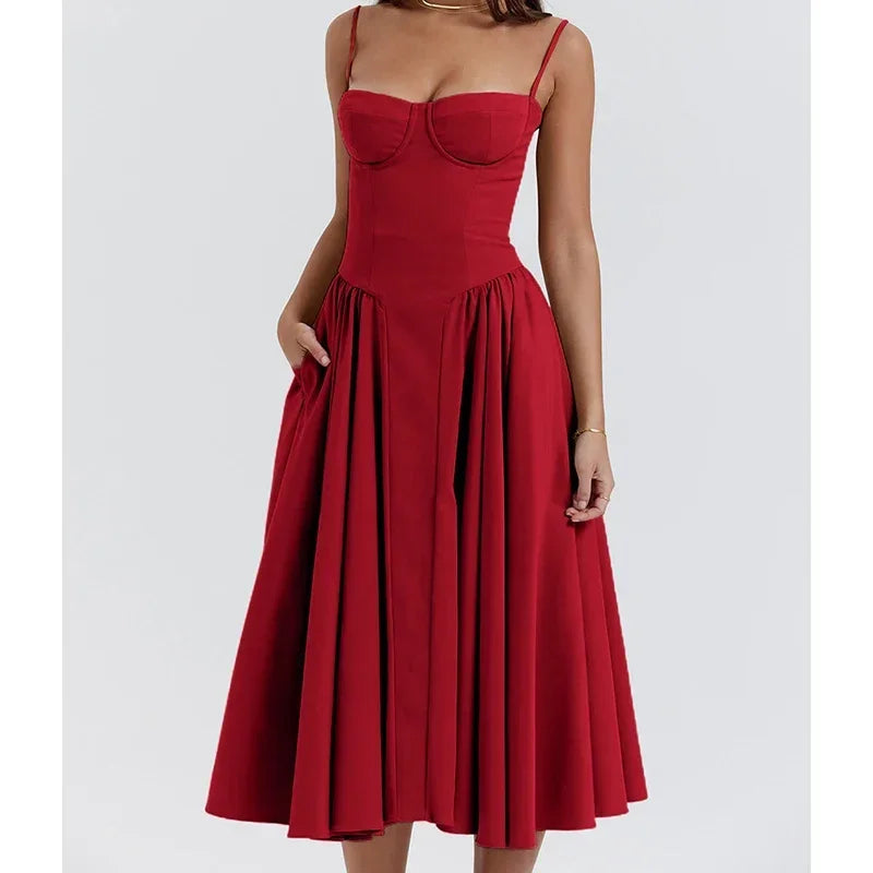 Elegante abito longuette con cinturino per spaghetti da donna Party Slim A Line Solid Bretelle Abiti da donna Nuova moda primavera estate Abiti sexy