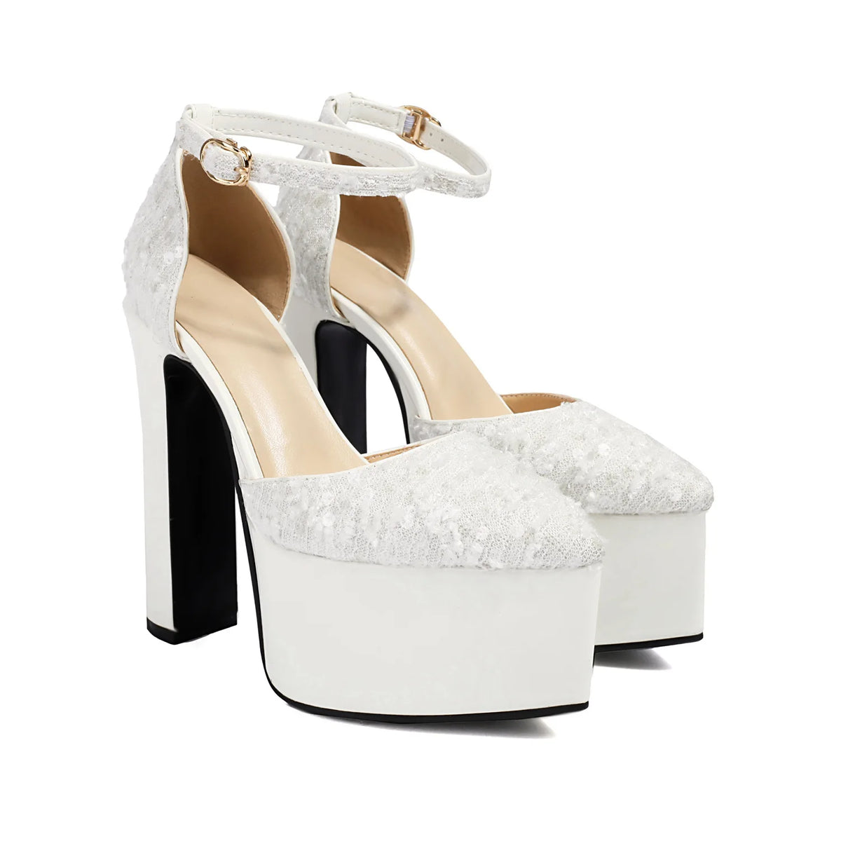 Sandali a punta neri con cinturino alla caviglia sexy per le donne Piattaforma estiva 15CM Scarpe eleganti da festa con paillettes lucide Tacchi alti vuoti laterali neri