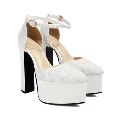 Sandali a punta neri con cinturino alla caviglia sexy per le donne Piattaforma estiva 15CM Scarpe eleganti da festa con paillettes lucide Tacchi alti vuoti laterali neri