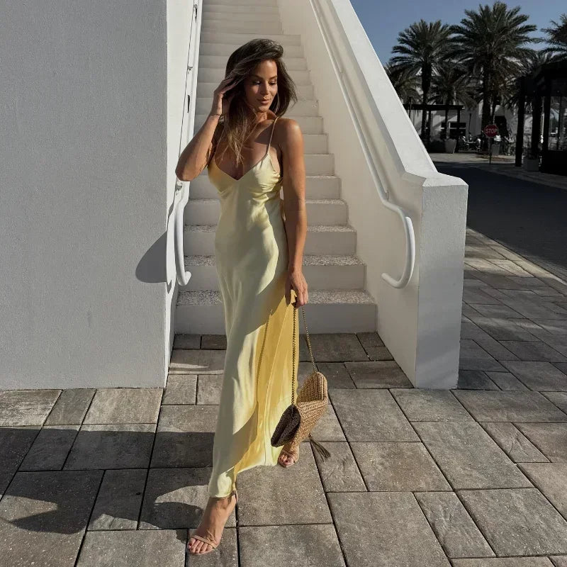 Elegante canotta tinta unita abito lungo slim fit donna moda splicing abiti stringati pieghettati gonna da spiaggia chic per le vacanze da donna