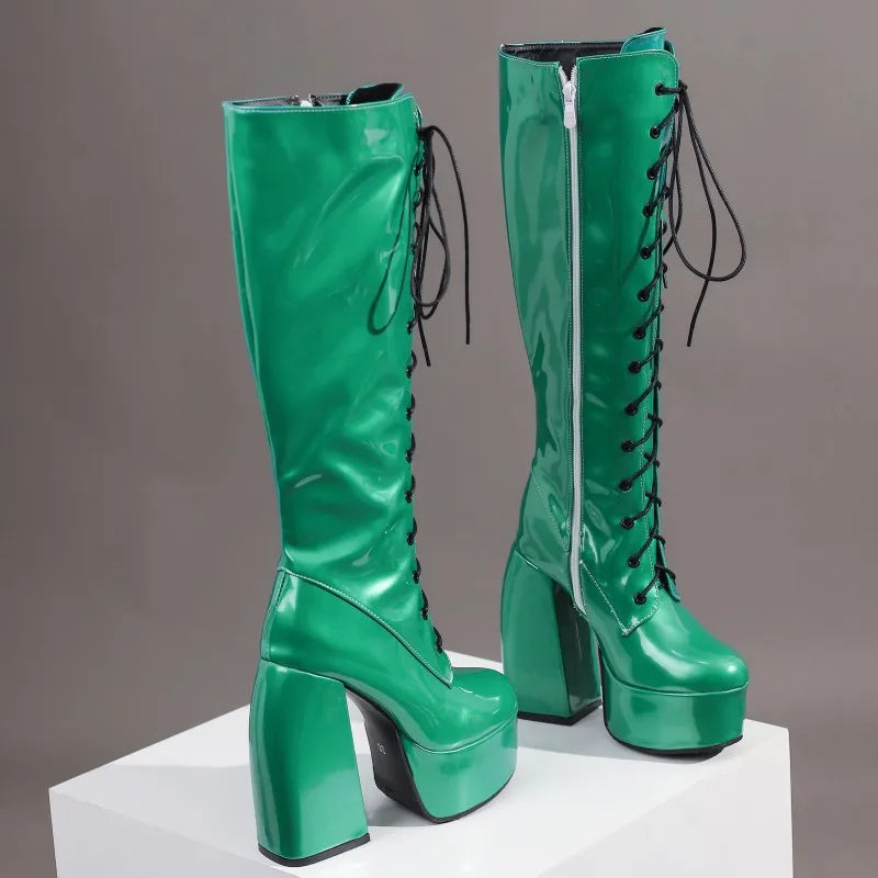 Sexy Lace Up Platform Long Boots Women Thick Gothic Heels High Knee Boot Winter Red Black Green Fetish Party Shoes Large Size 48