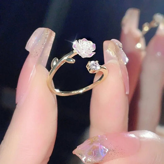 Anelli di apertura del fiore di zircone di lusso per le donne Cubic Zirconia Rosa Fiore di ciliegio Tulipano Anello da dito regolabile Gioielli da sposa
