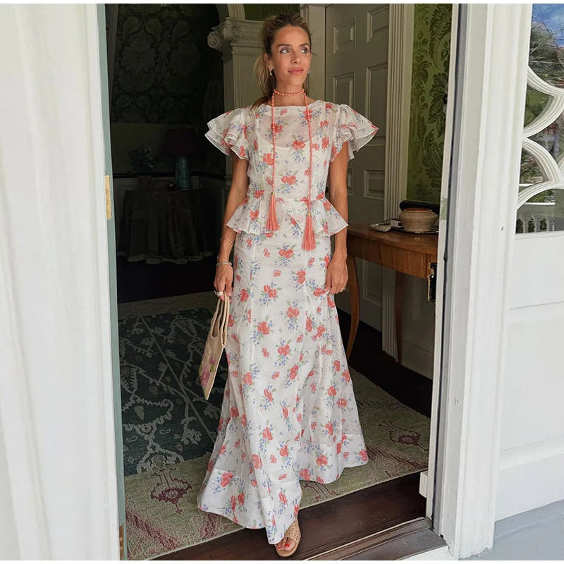 Abito Lungo da Donna con Stampa, Scollo a V, Maniche a Campana, Bordo a Foglia di Loto, Vita Alta, Vestito Maxi Aderente, Elegante Abito da Sera per Feste
