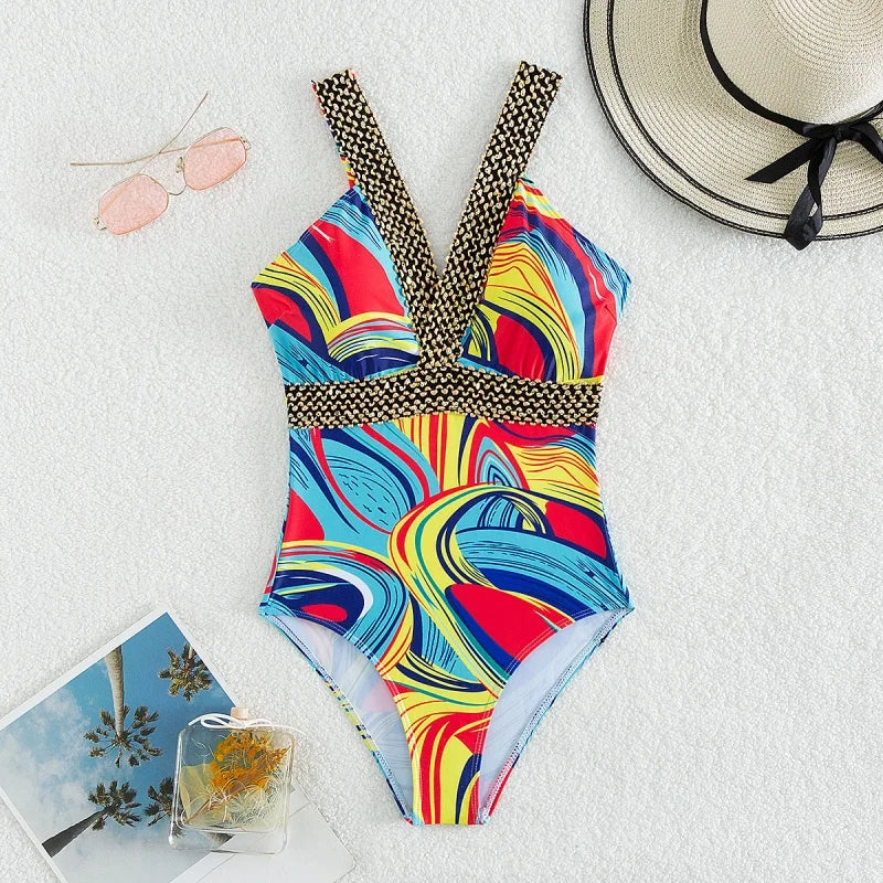 Vintage Print V Neck One Piece Swimsuit Women Sexy Backless High Waist Bodysuits Bikinis 2026 New Summer Vacation Bathing Suit