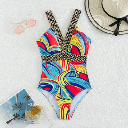 Vintage Print V Neck One Piece Swimsuit Women Sexy Backless High Waist Bodysuits Bikinis 2026 New Summer Vacation Bathing Suit