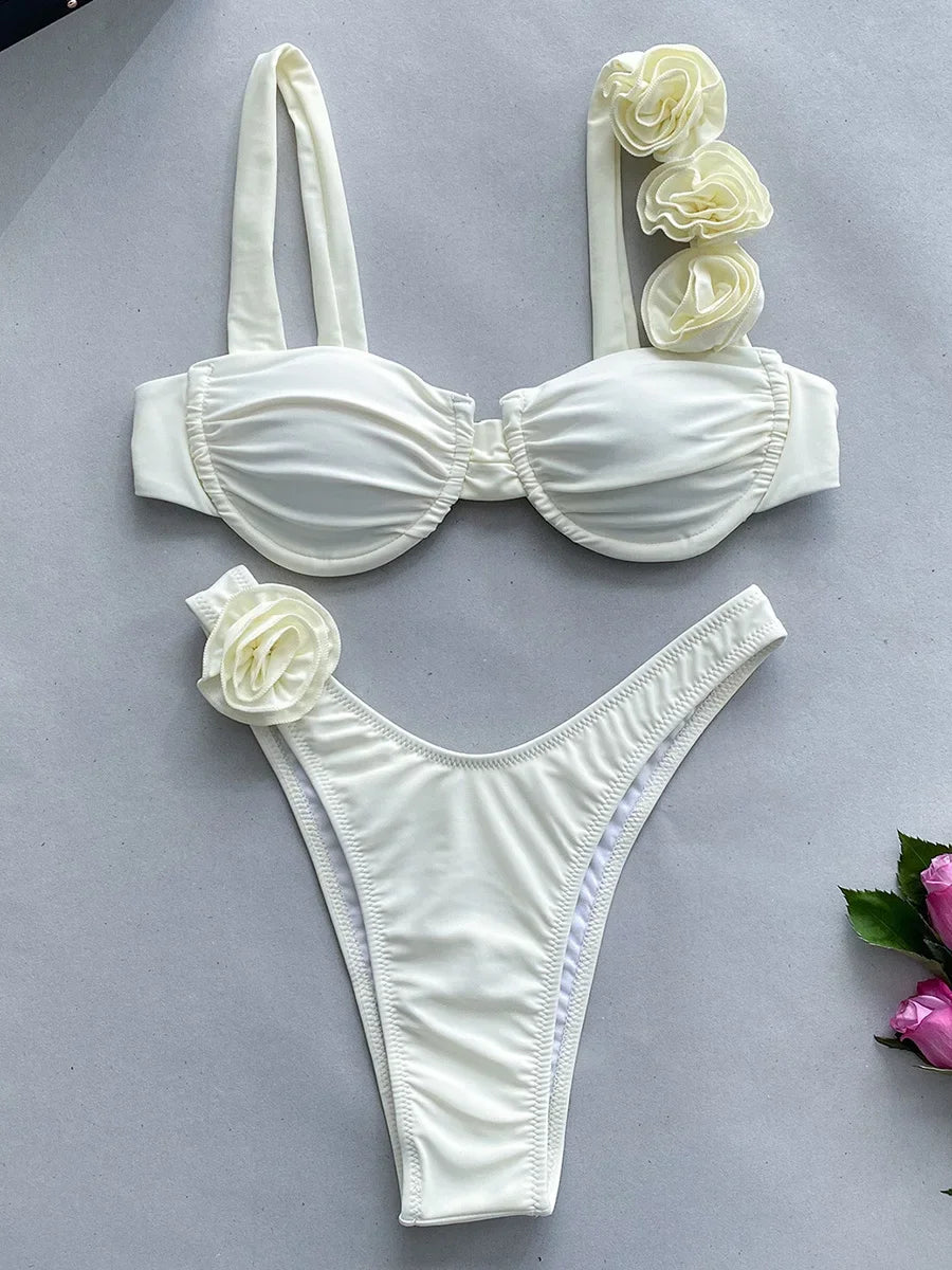Sexy 3D Fiori con ferretto Bikini brasiliano Costumi da bagno donna Costume da bagno femminile Bikini a due pezzi Costume da bagno a triangolo Swim Lady