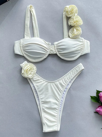 Sexy 3D Fiori con ferretto Bikini brasiliano Costumi da bagno donna Costume da bagno femminile Bikini a due pezzi Costume da bagno a triangolo Swim Lady
